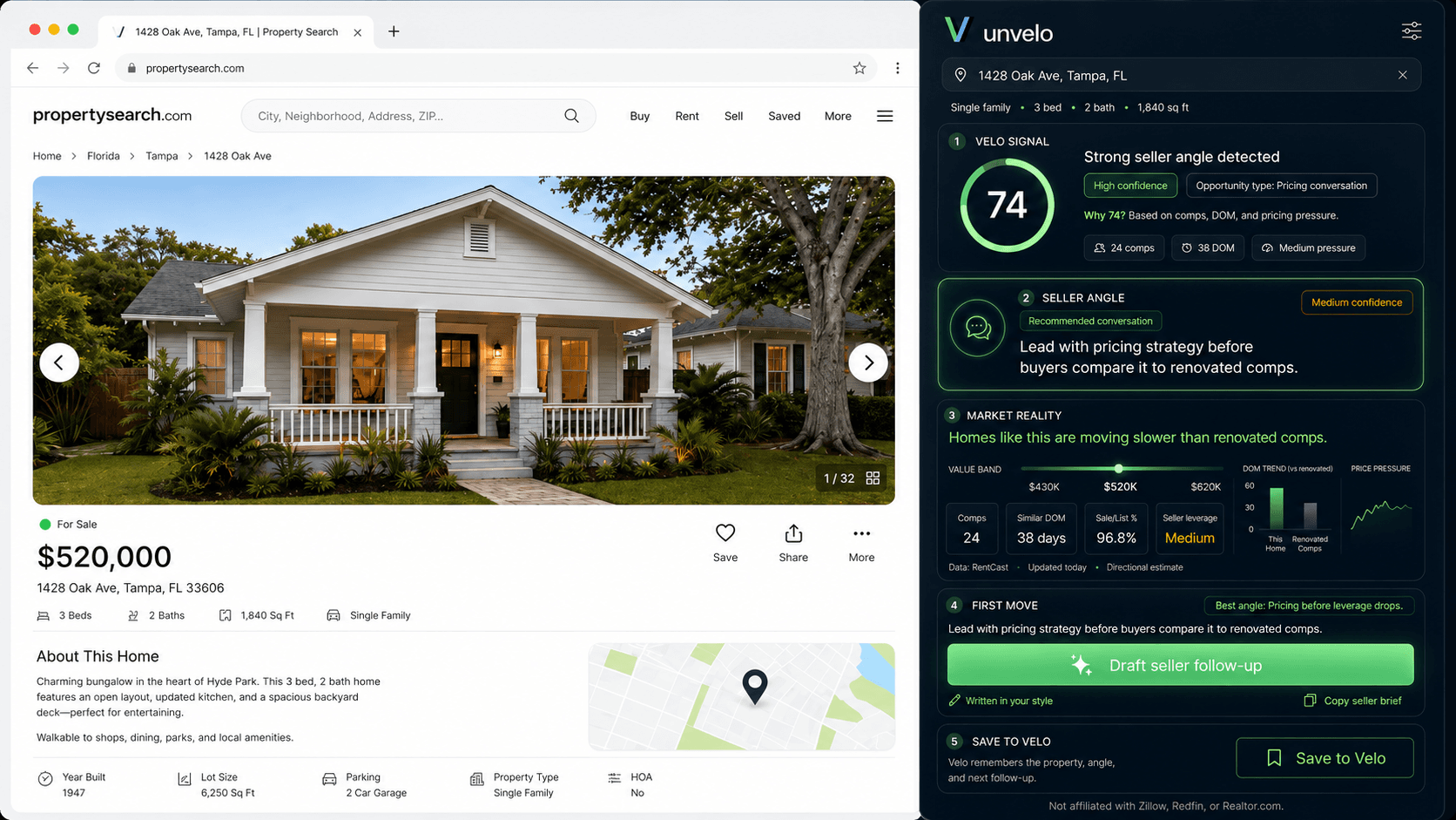 Velo Chrome extension open alongside a property listing — seller score, context, and drafted follow-up visible