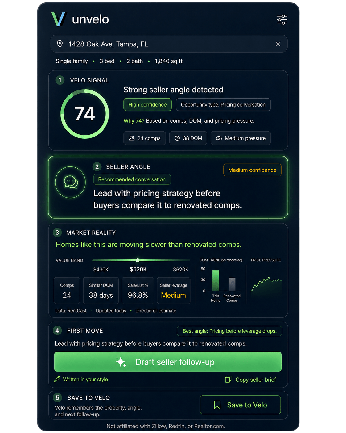 Velo extension panel — seller signal and drafted follow-up